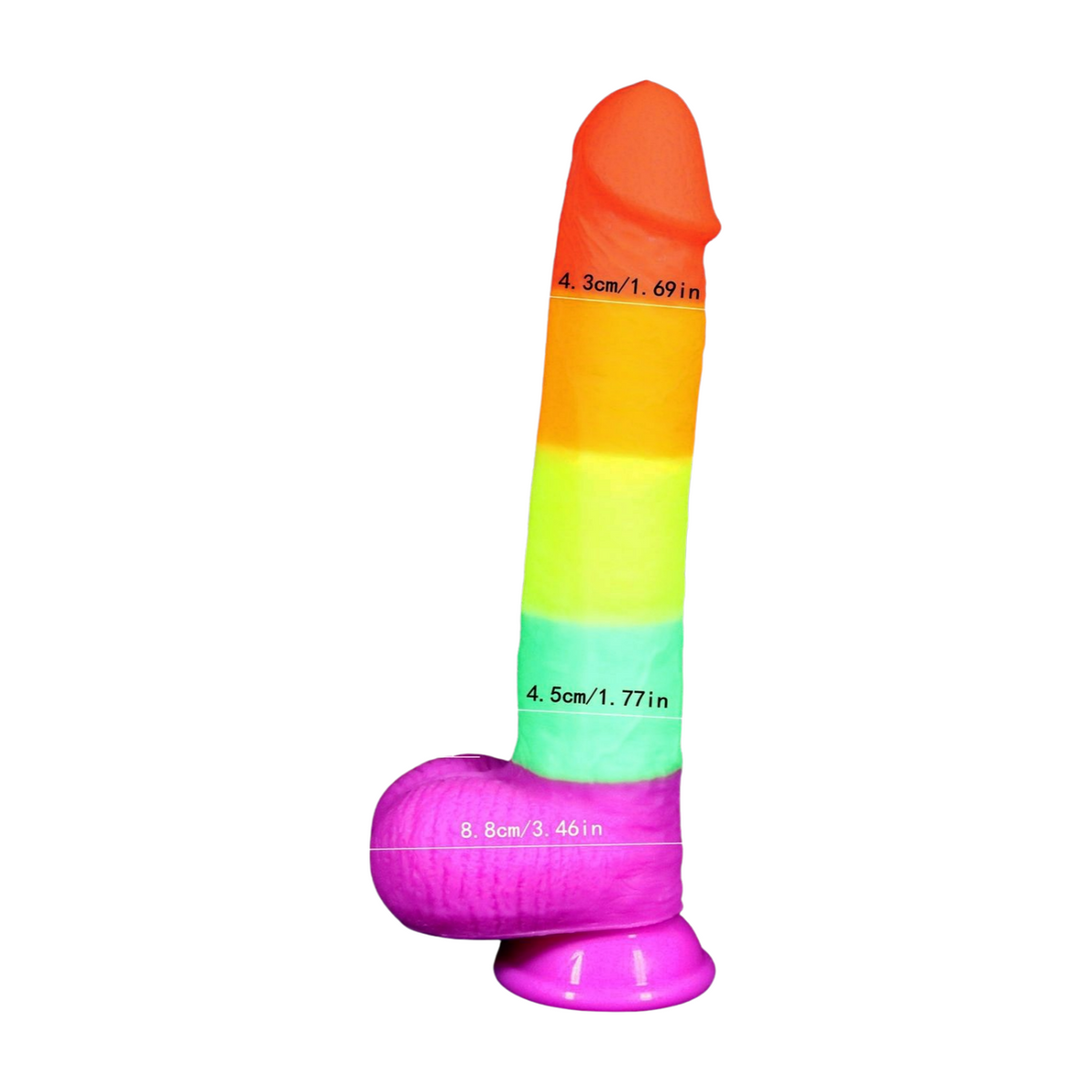 Sateenkaaren väreillä koristeltu PLEASUREZ dildo, 18,5 cm pitkä ja 3,8 cm halkaisija, kuva dildo sateenkaaren väreillä.