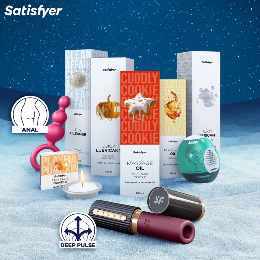 SATISFYER JOULUKALENTERI PREMIUM 2025 featuring a festive design with numbered compartments for surprises.