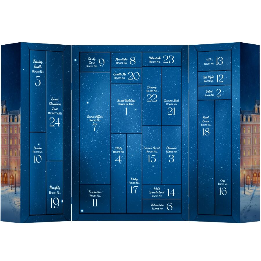 Satisfyer Joulukalenteri Premium 2025 featuring festive design and numbered doors for a holiday countdown.