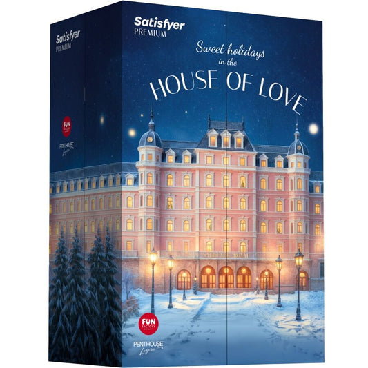 SATISFYER JOULUKALENTERI PREMIUM 2025 featuring a festive design with numbered doors for daily surprises.