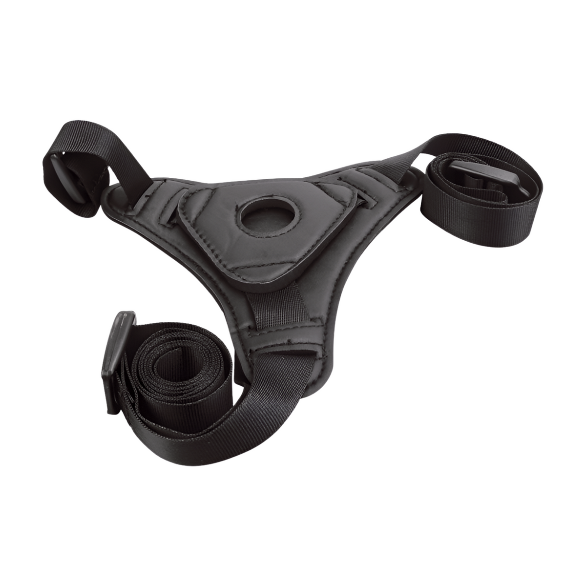 Pleasurez Strap-on dildo intiimi, musta nylon-tyyppinen strap-on seksilelu, valkoinen dildo ja säädettävät hihnat.