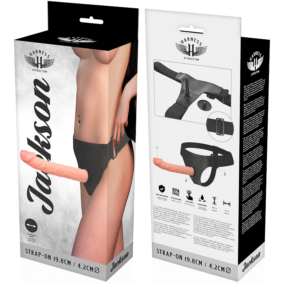 Harjoitusrengas Jackson 19,8 cm naisten seksilelu, Harness Attraction -valkoinen ja musta strap-on naisten lelu.
