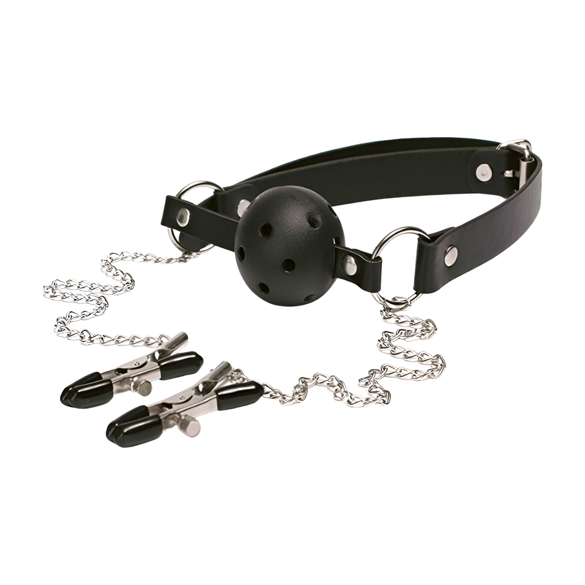 BDSM-suupallo ja nänni puristimet PLEASUREZ-brändiltä, mustat ja metalliset, sopivat rajoittamiseen ja stimulaatioon.