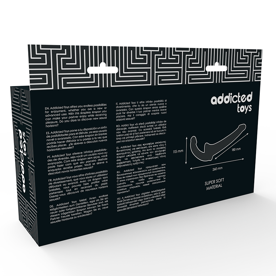 Kaksi strapless-addiktio-leluhahmoa dildo, musta, realistinen muoto ja pehmeä tekstuuri, ADDICTED TOYS -merkki.