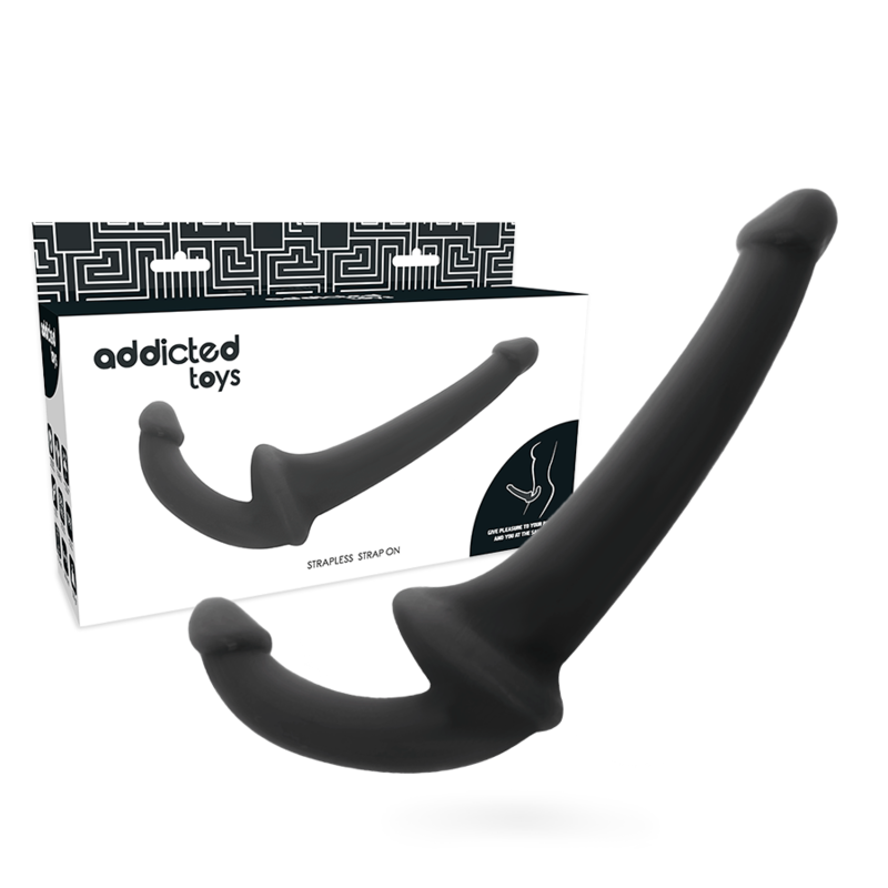 Kaksinapainen strapless TUPLADILDO ADDICTED TOYS, silikonista, kiinnittynyt kehoon ja sopii intiimiin käyttöön.