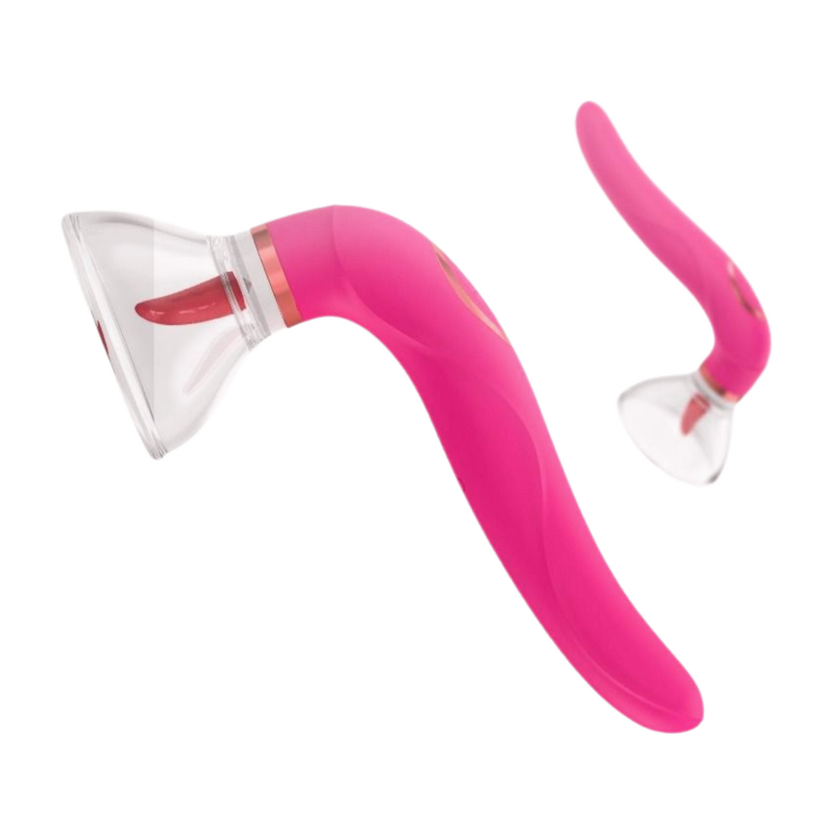 Pleasurez naisten seksilelu, nuoleva ja imevä vibraattori, pinkki väri, esillä kuvassa.