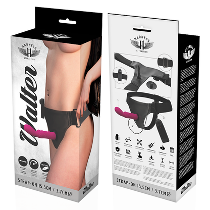 VIBRAATTORI STRAP-ON HARNESS ATTRACTION, 15,5 cm, naisten seksilelu, strap-on ja vibraattori, musta ja säädettävä hihna