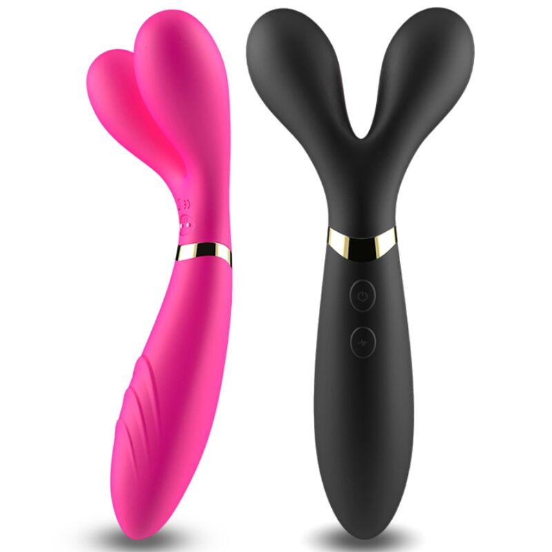 ARMONY Wand Vibraattori Y-Dual naisten seksilelu, laite, jossa kaksi vibraattoripäätä, musta ja ergonominen muotoilu.