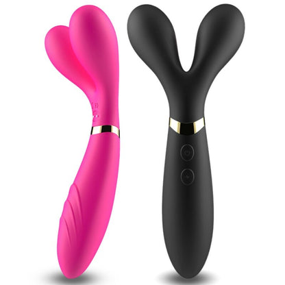ARMONY Wand Vibraattori Y-Dual naisten seksilelu, laite, jossa kaksi vibraattoripäätä, musta ja ergonominen muotoilu.