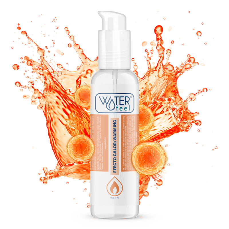 Lämmittävä WaterFeel liukuvoide 150ml, näytössä näkyvä pullo ja etiketti. Sopii intiimiin käyttöön.
