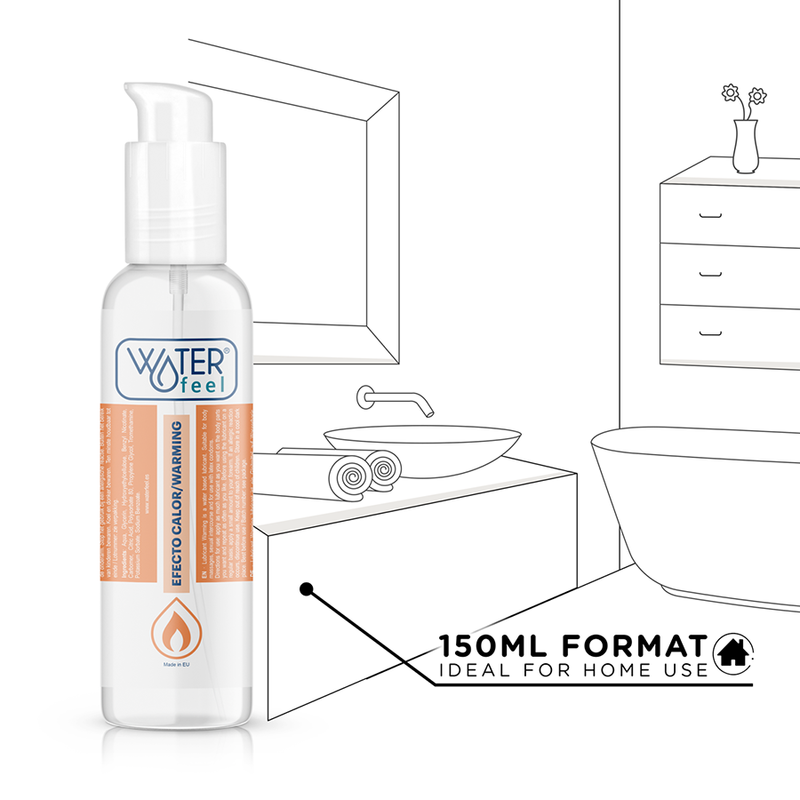 Lämmitettävä liukuvoide Waterfeel, 150 ml, geelimäinen koostumus ja käyttövalmis erottautuva pakkaus.